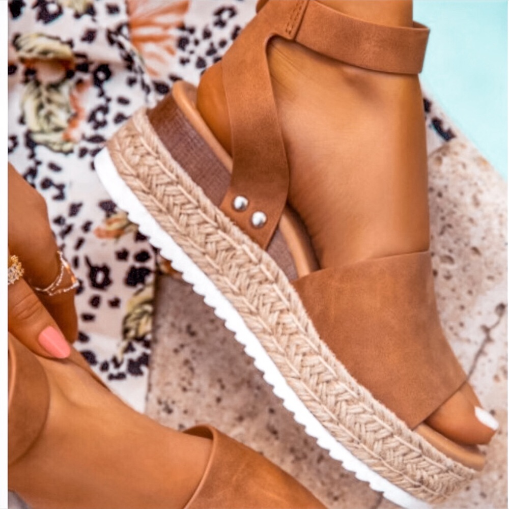 Tan Ankle Strap Espadrille Flatform Sandals